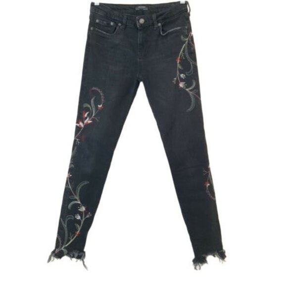 Zara Jeans Black Washed Embroidered Skinny Raw Hem 4 - Picture 1 of 9